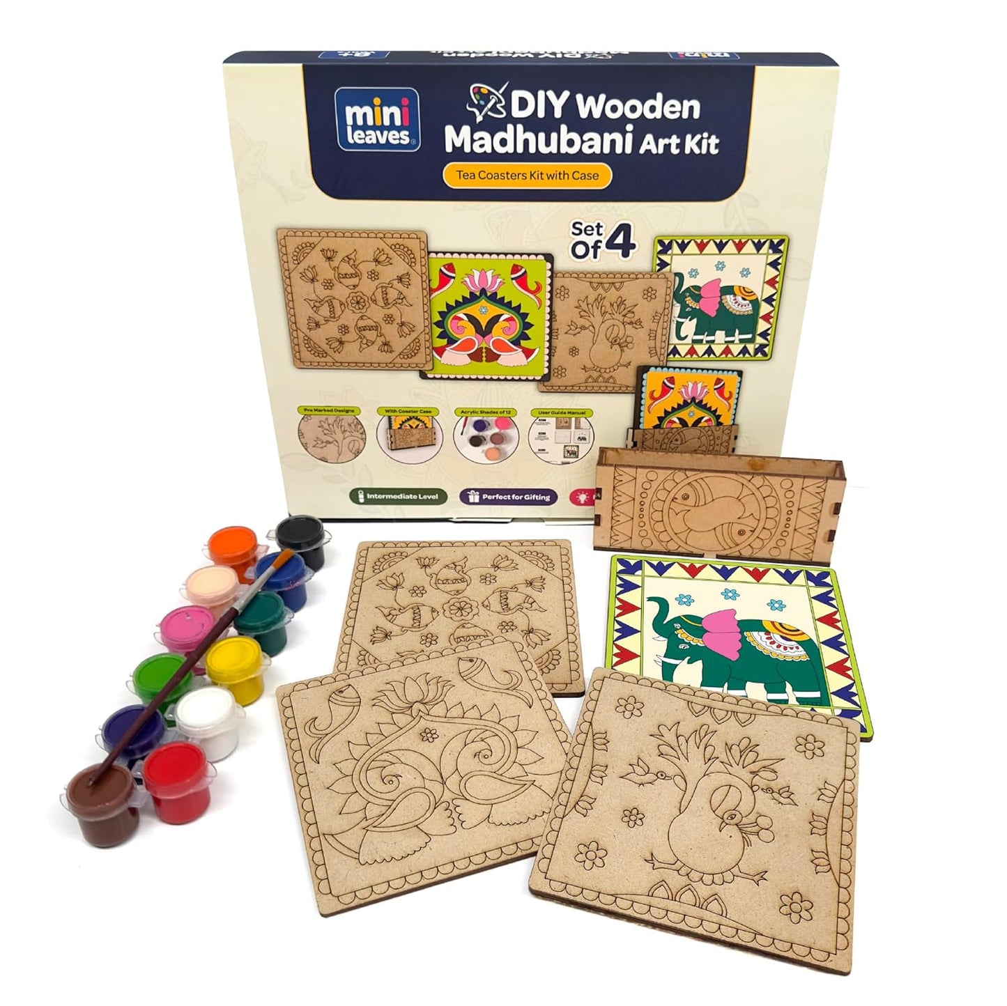 Madhubani DIY Tea Coaster with Wooden Case Paint Art Kit for 8+ Years