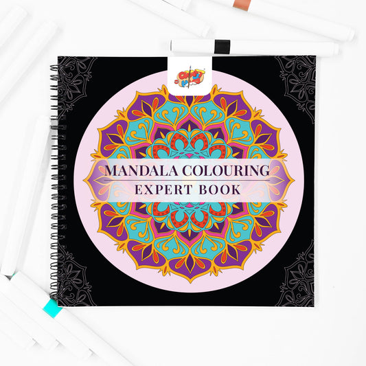 Mandala Colouring Expert Book – 24 Designs with 12 Acrylic Markers | 250 GSM Premium Spiral-Bound Pad - The Crafthives