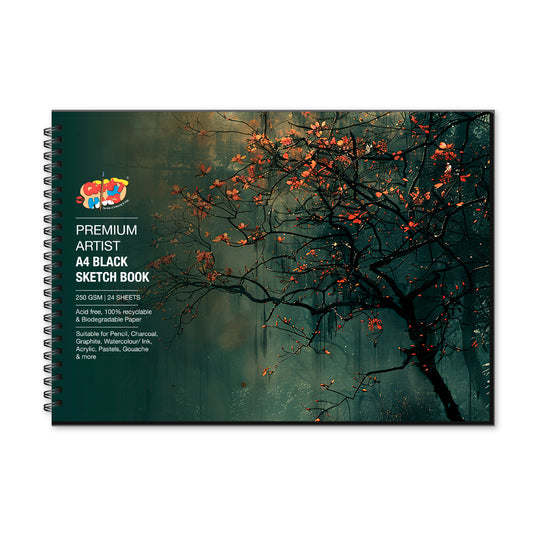 Stretch Book- Wooden Binding A4- Black - Tree