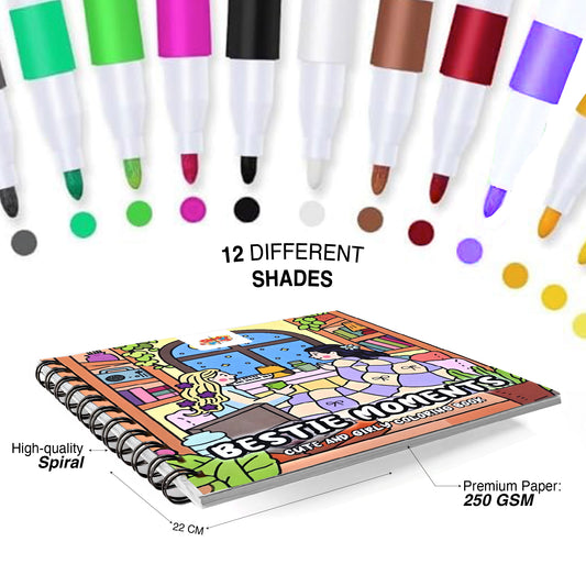 Bestie Moments – Cute & Girly Coloring Book | 12 Acrylic Marker - The Crafthives