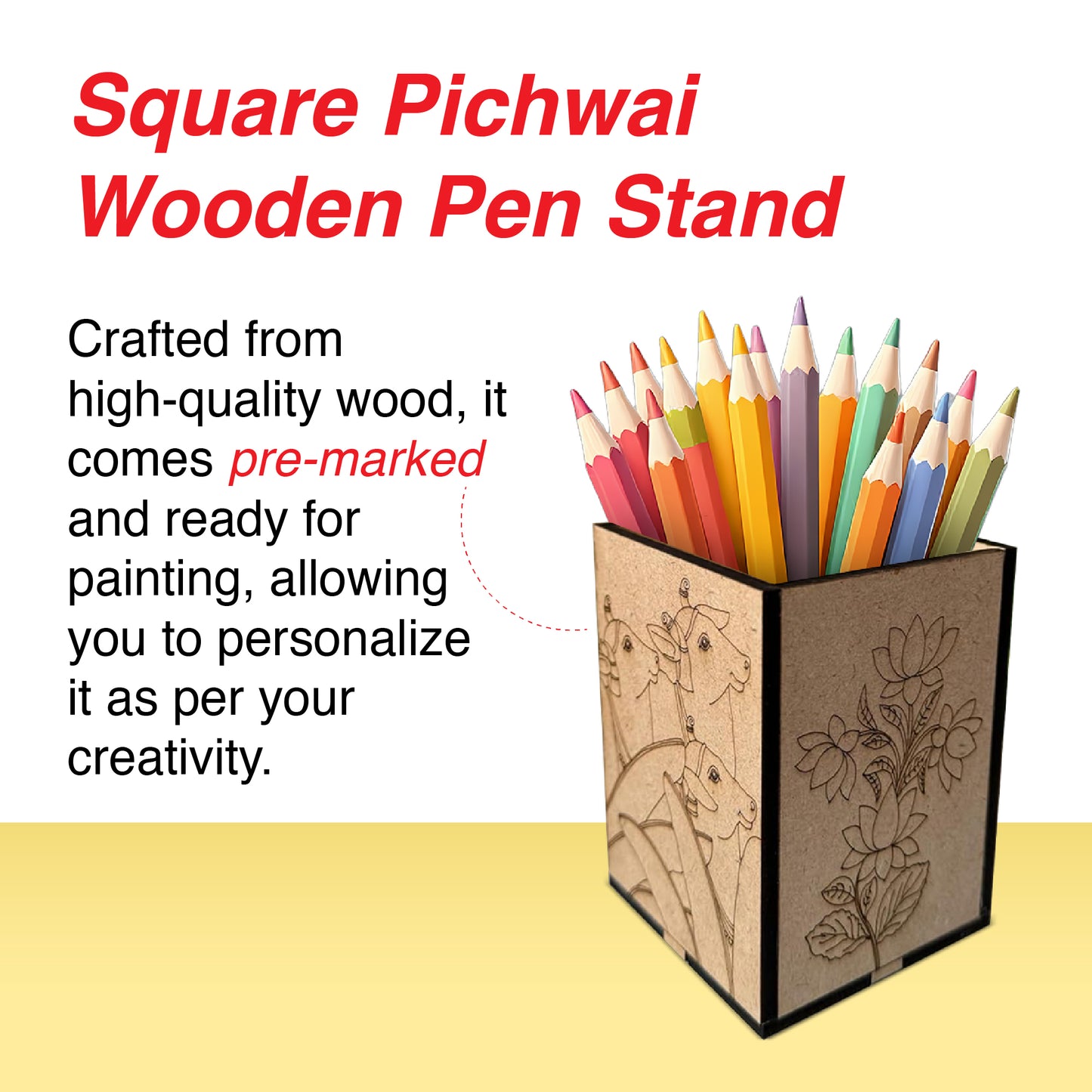 Square Pichwai Wooden Pen Stand