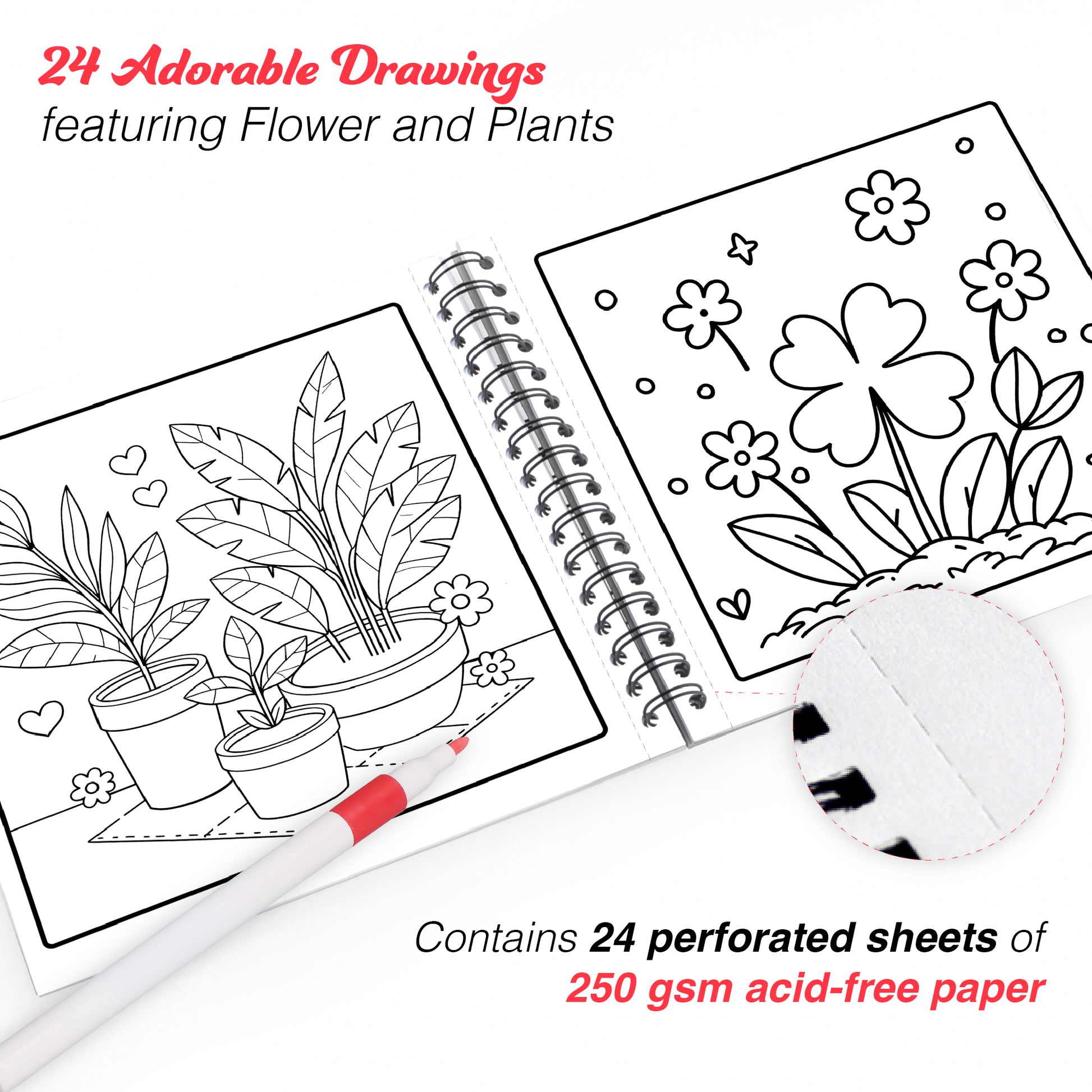 Flower & Plant Bold and Simple Coloring Book – With 12 Acrylic Markers - The Crafthives