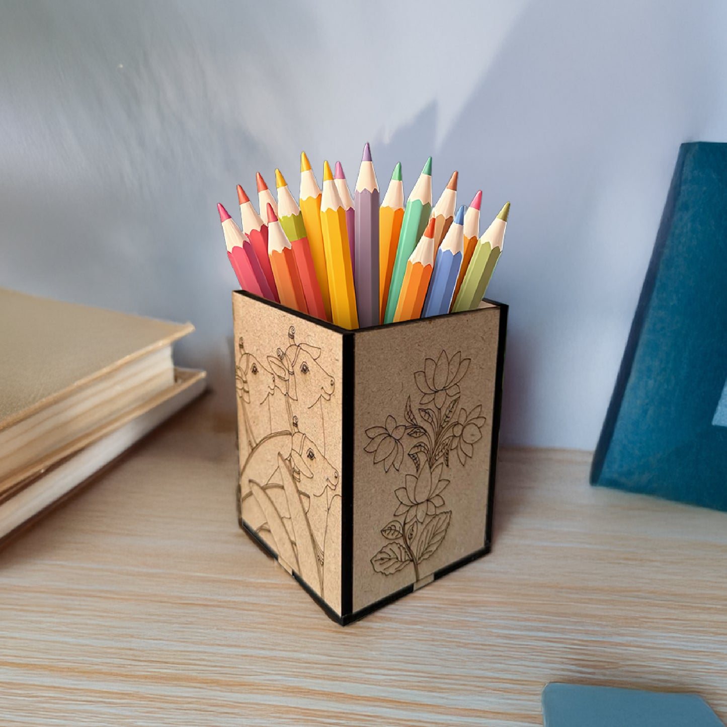Square Pichwai Wooden Pen Stand