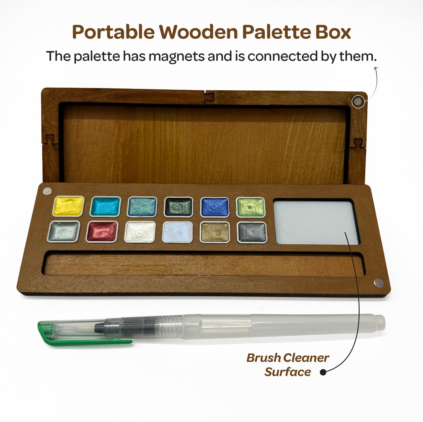 Wooden Palette with Metallic Shades & Brush
