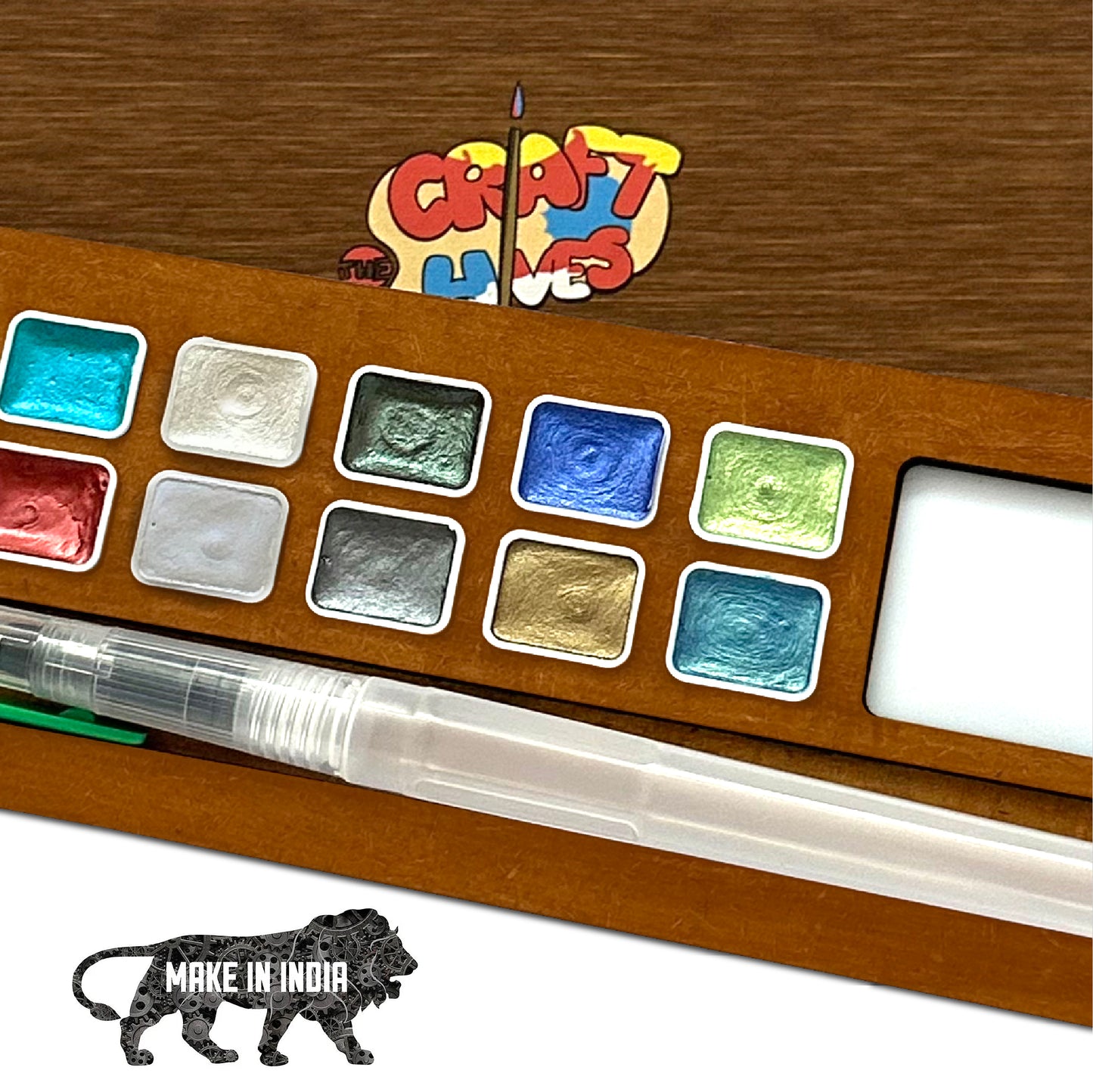Wooden Palette with Metallic Shades & Brush