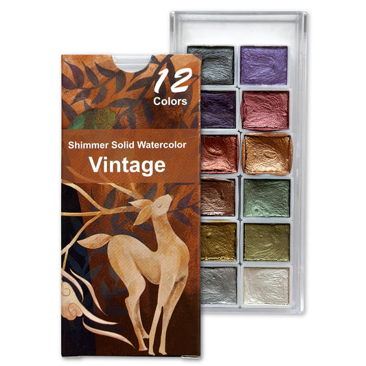 Vintage Metallic Shimmer Watercolor Set – 12 Solid Pans | Professional