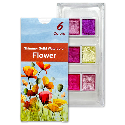 Flower Metallic Shimmer Watercolor Set – 6 Solid Pans | Professional