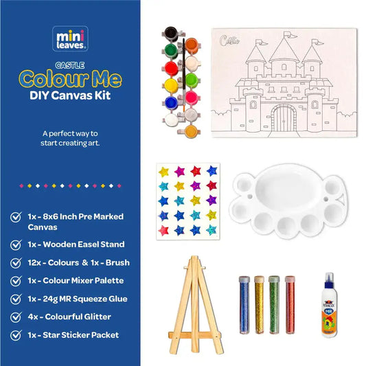 Colour Me Castle DIY Canvas Art Kit 8 x 6 Inch with Wooden Easel for 6+ Kids - The Crafthives