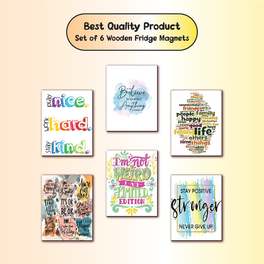 Motivational Wooden Fridge Magnets – Set of 6 | Positive Quotes & Colorful Designs | Home & Office Decor