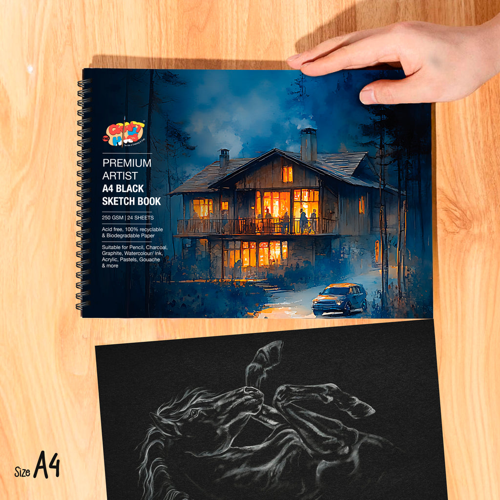 Stretch Book- Wooden Binding A4- Black - House