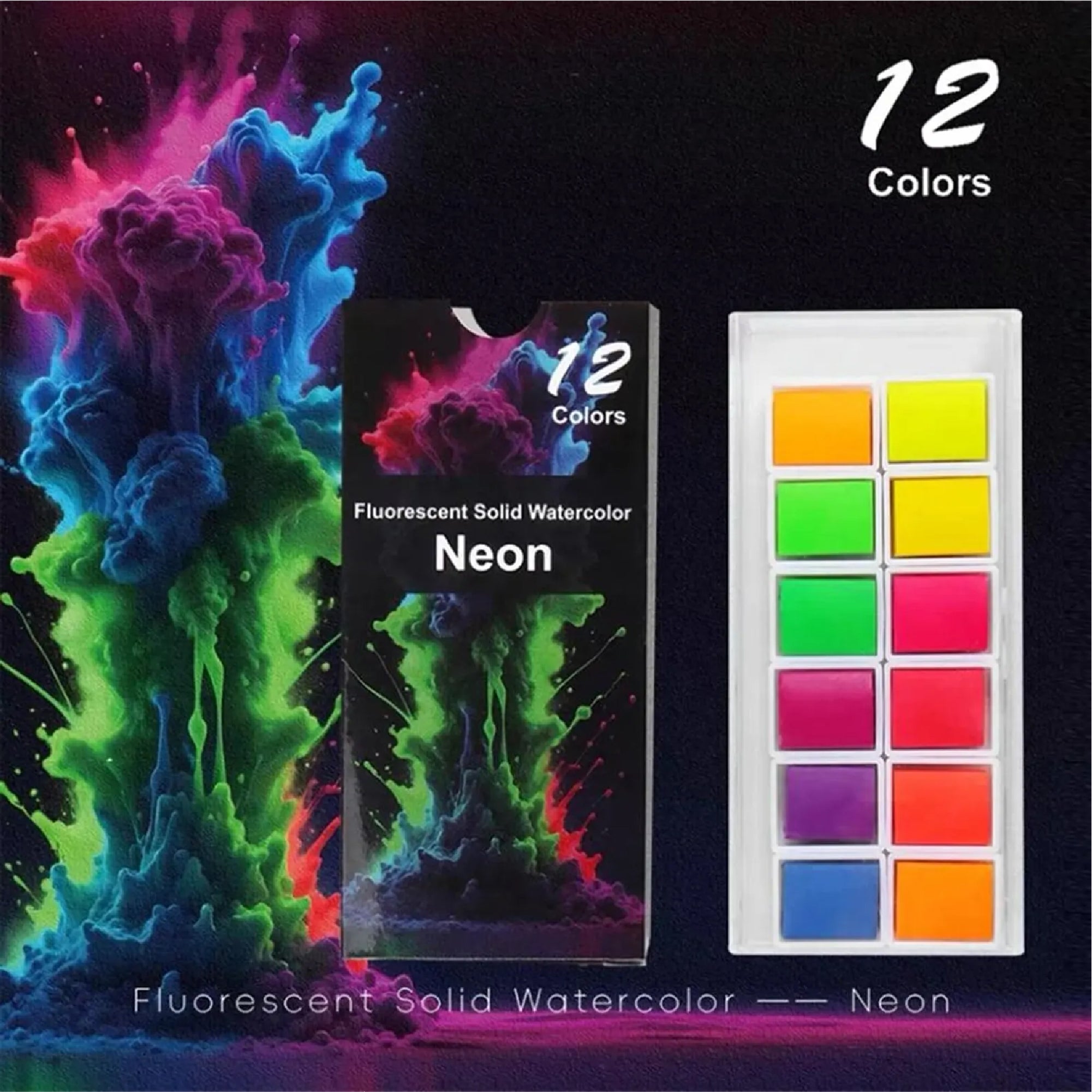 The Crafthives Neon Watercolor Set – 12 Fluorescent Solid Colors (Ultra-Bright Shades)