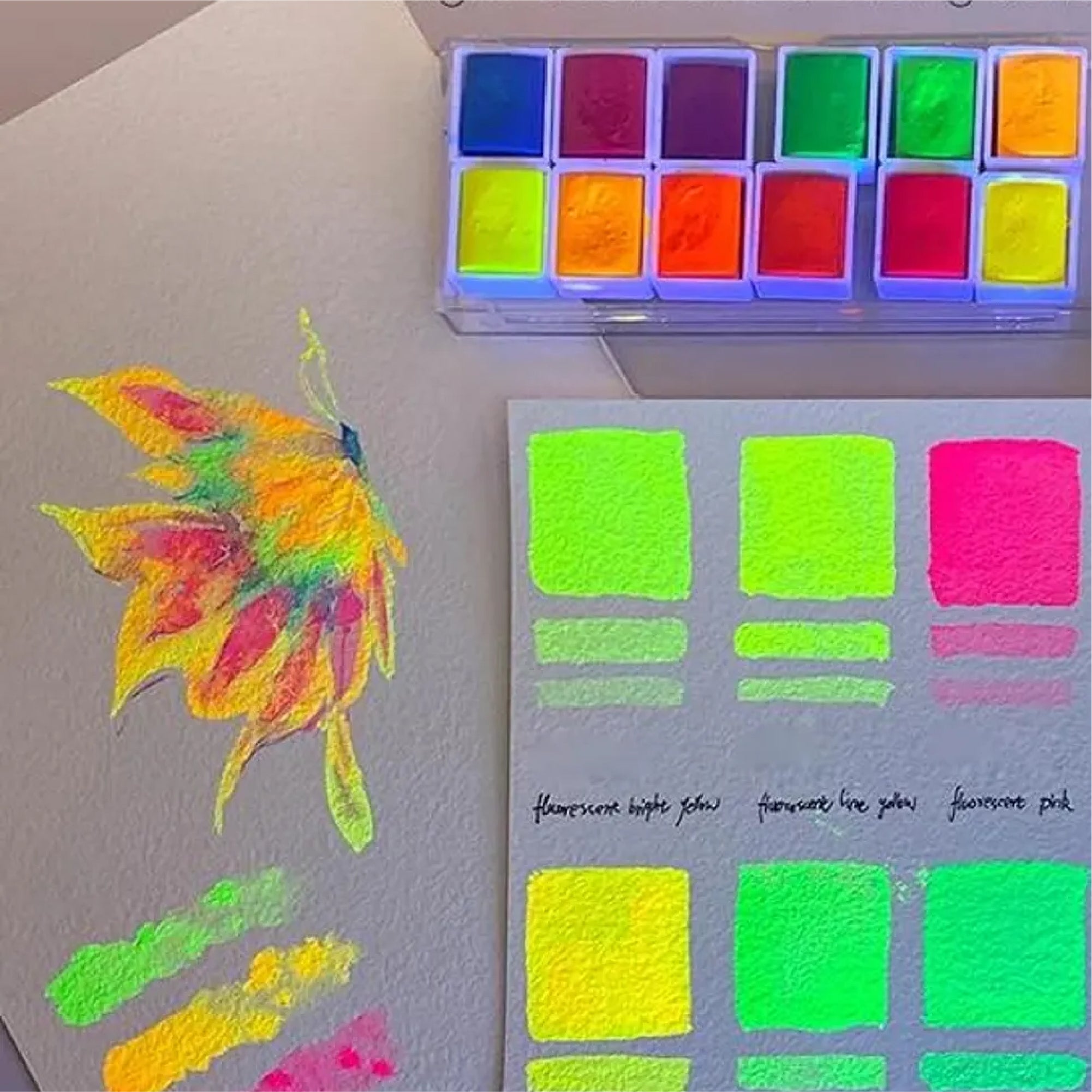 The Crafthives Neon Watercolor Set – 12 Fluorescent Solid Colors (Ultra-Bright Shades)