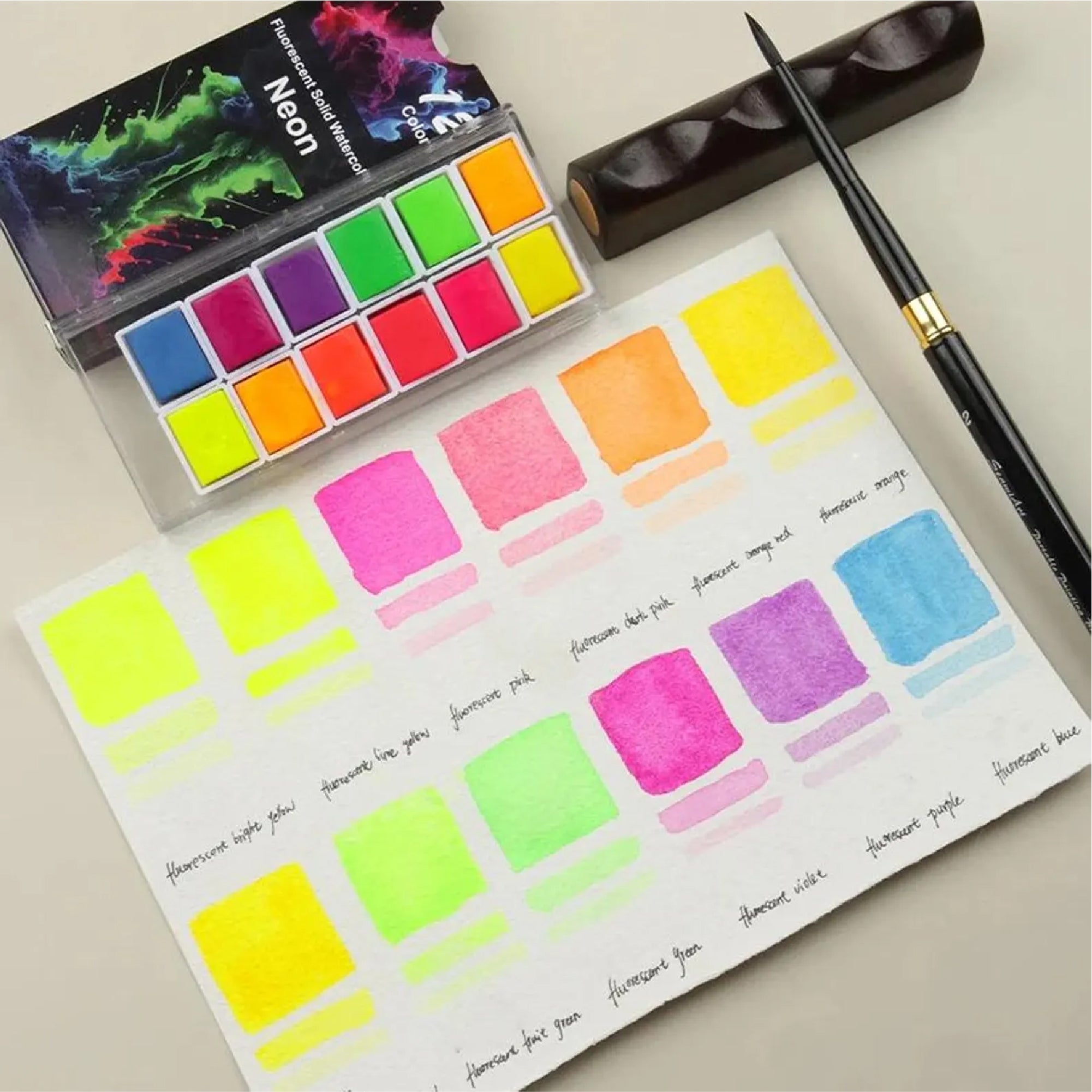 The Crafthives Neon Watercolor Set – 12 Fluorescent Solid Colors (Ultra-Bright Shades)