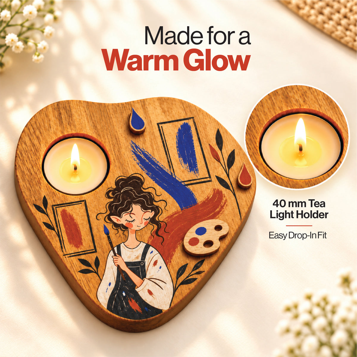 Colors of Joy 3D Wooden Tealight Holder | Artist Girl Aesthetic Room Décor & Gift