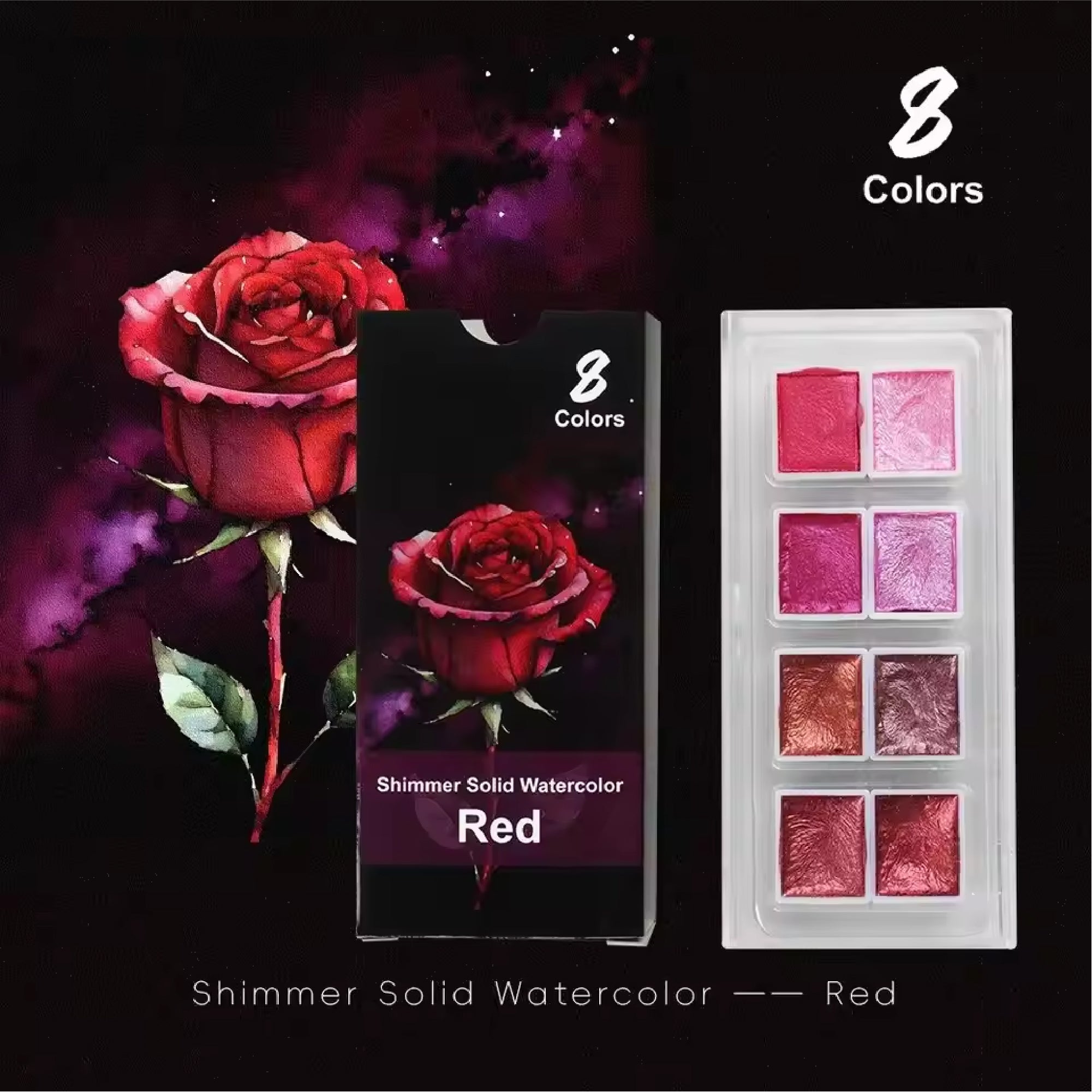 The Crafthives Shimmer Watercolor Set – Red Magic (8 Metallic Pearlescent Shades)