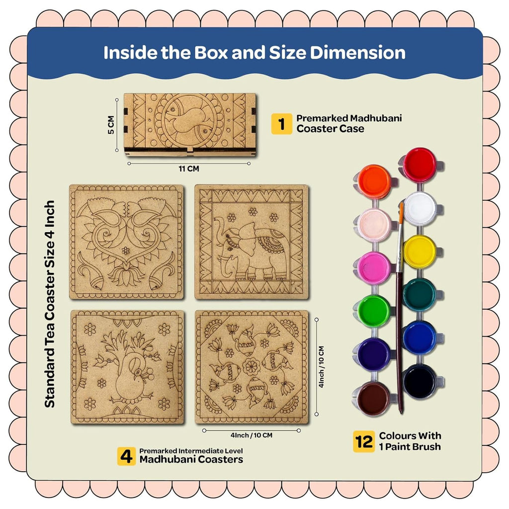 Madhubani DIY Tea Coaster with Wooden Case Paint Art Kit for 8+ Years - The Crafthives