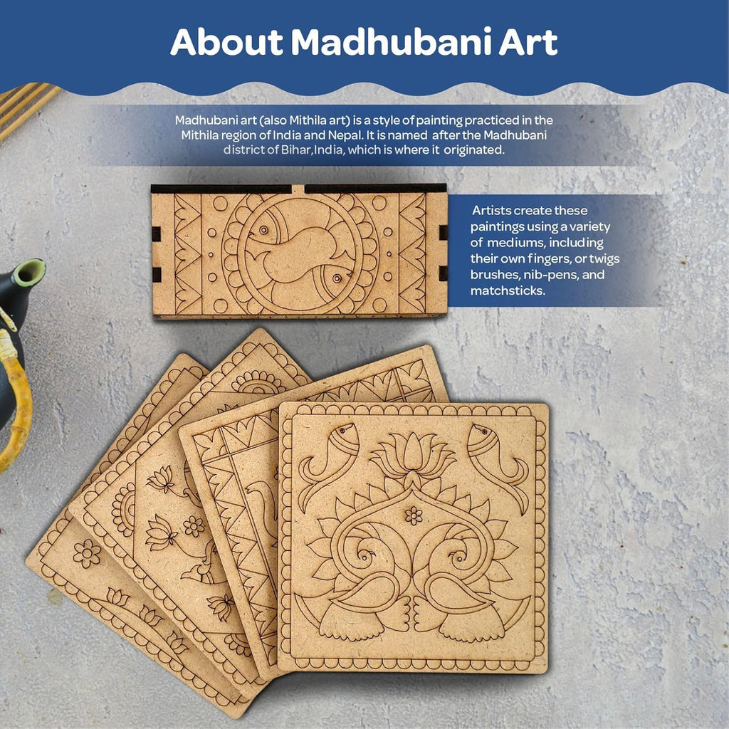 Madhubani DIY Tea Coaster with Wooden Case Paint Art Kit for 8+ Years - The Crafthives