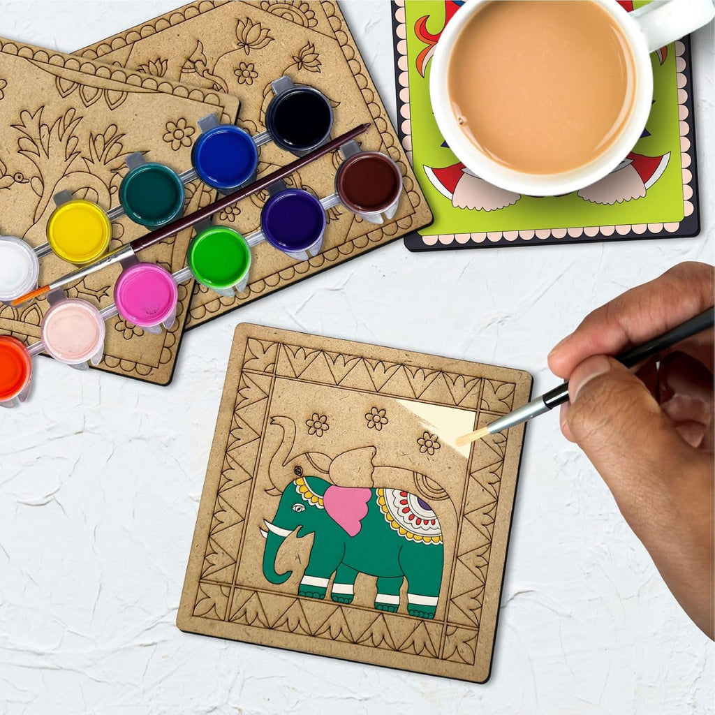 Madhubani DIY Tea Coaster with Wooden Case Paint Art Kit for 8+ Years - The Crafthives