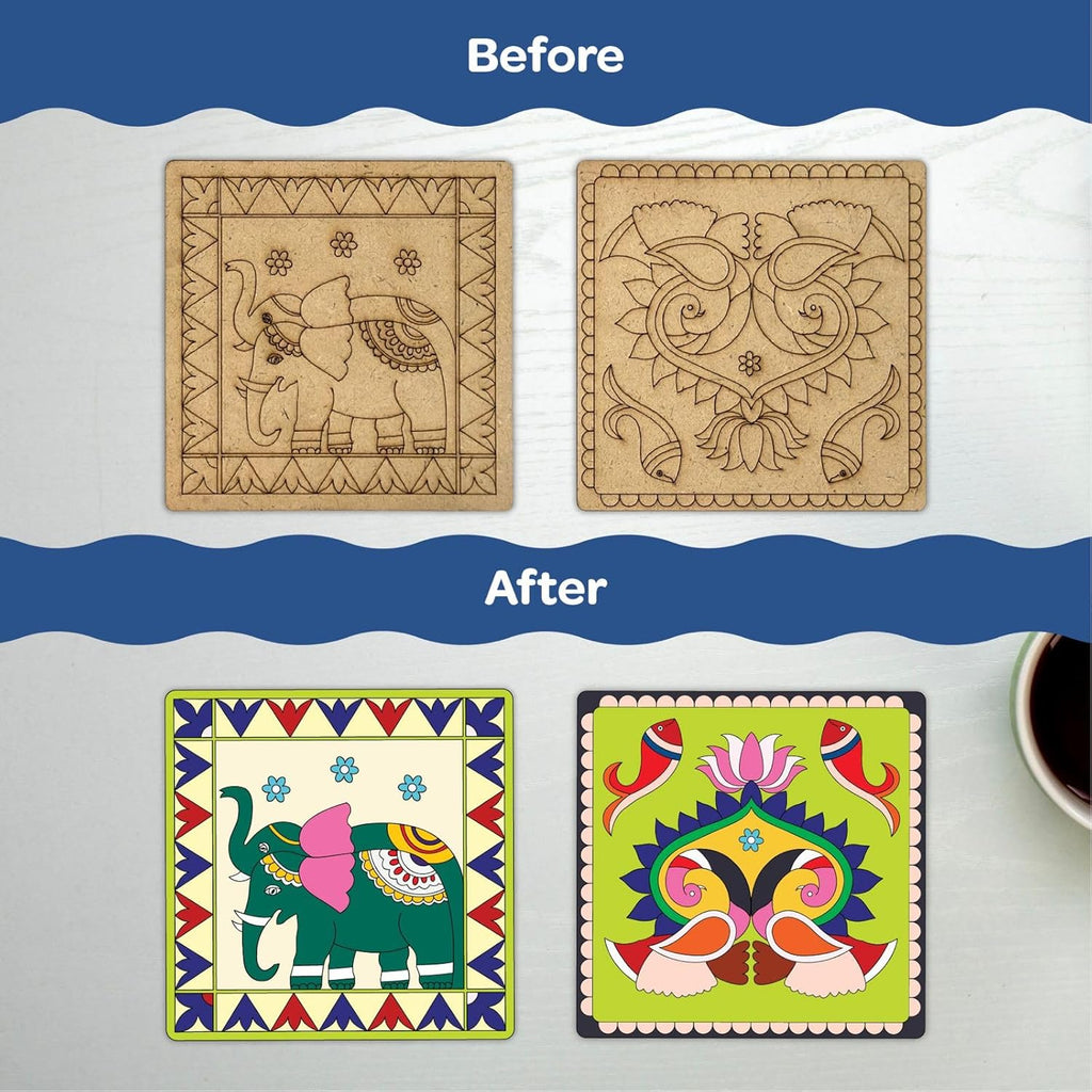 Madhubani DIY Tea Coaster with Wooden Case Paint Art Kit for 8+ Years - The Crafthives