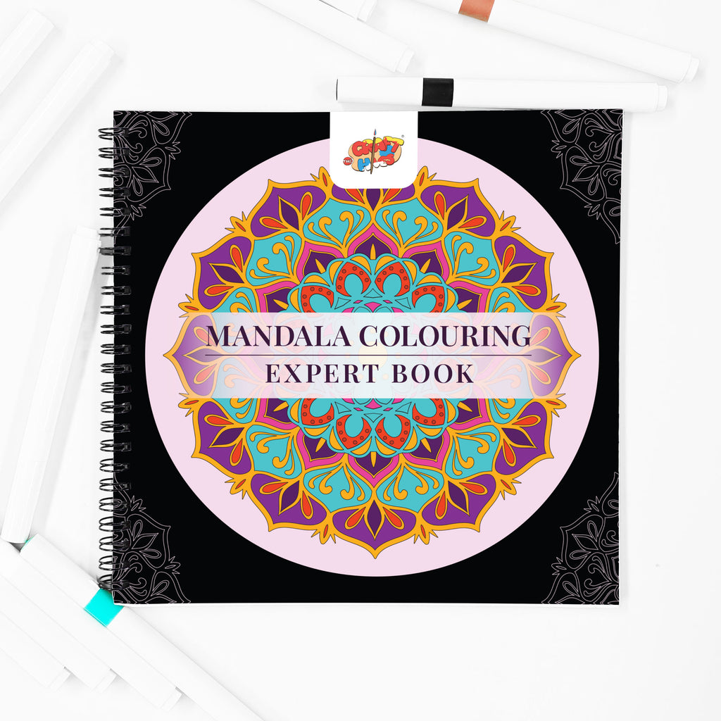 Mandala Colouring Expert Book – 24 Designs with 12 Acrylic Markers | 250 GSM Premium Spiral-Bound Pad - The Crafthives