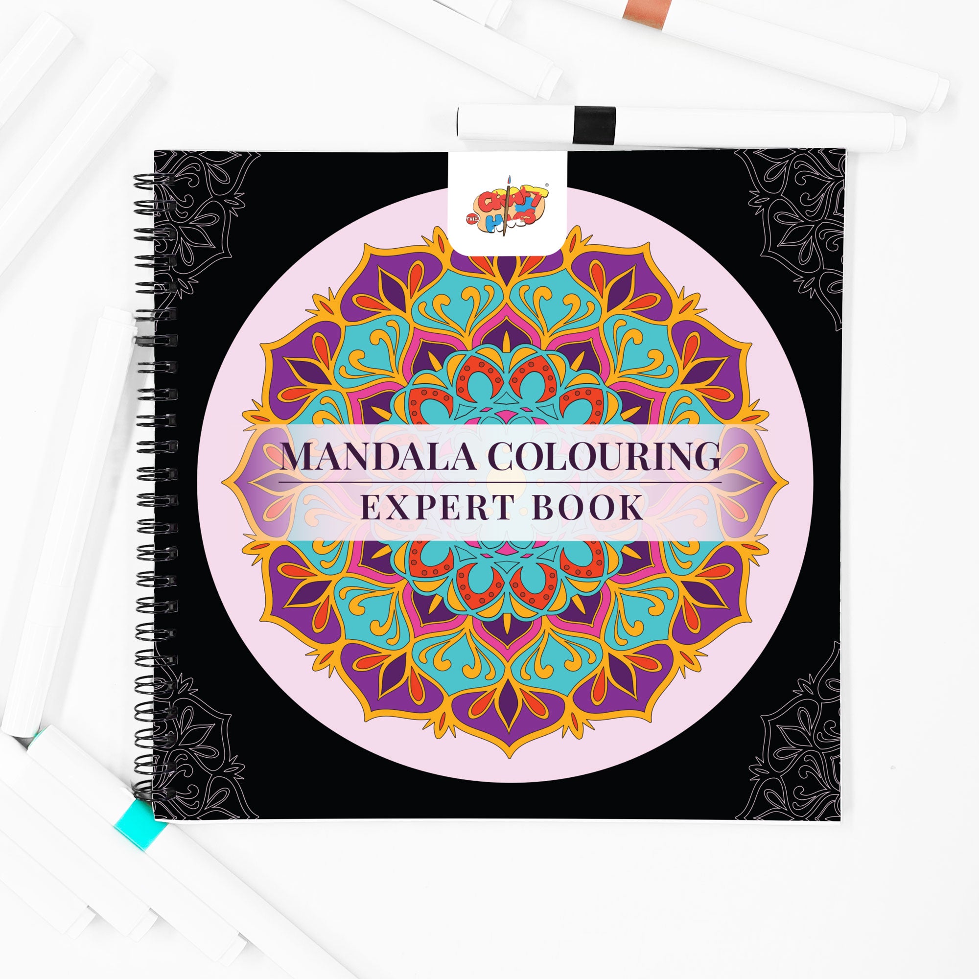 Mandala Colouring Expert Book – 24 Designs with 12 Acrylic Markers | 250 GSM Premium Spiral-Bound Pad - The Crafthives