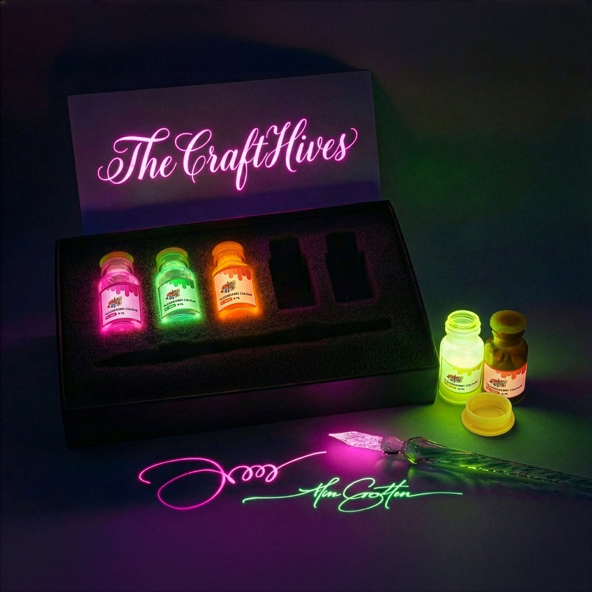 Glow Fluorescent Ink Set with Glass Pen | Calligraphy & Anime Art – The Crafthives