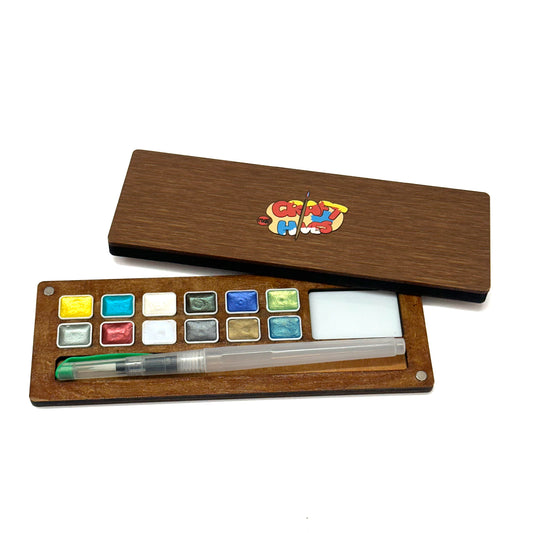 Wooden Palette with Metallic Shades & Brush
