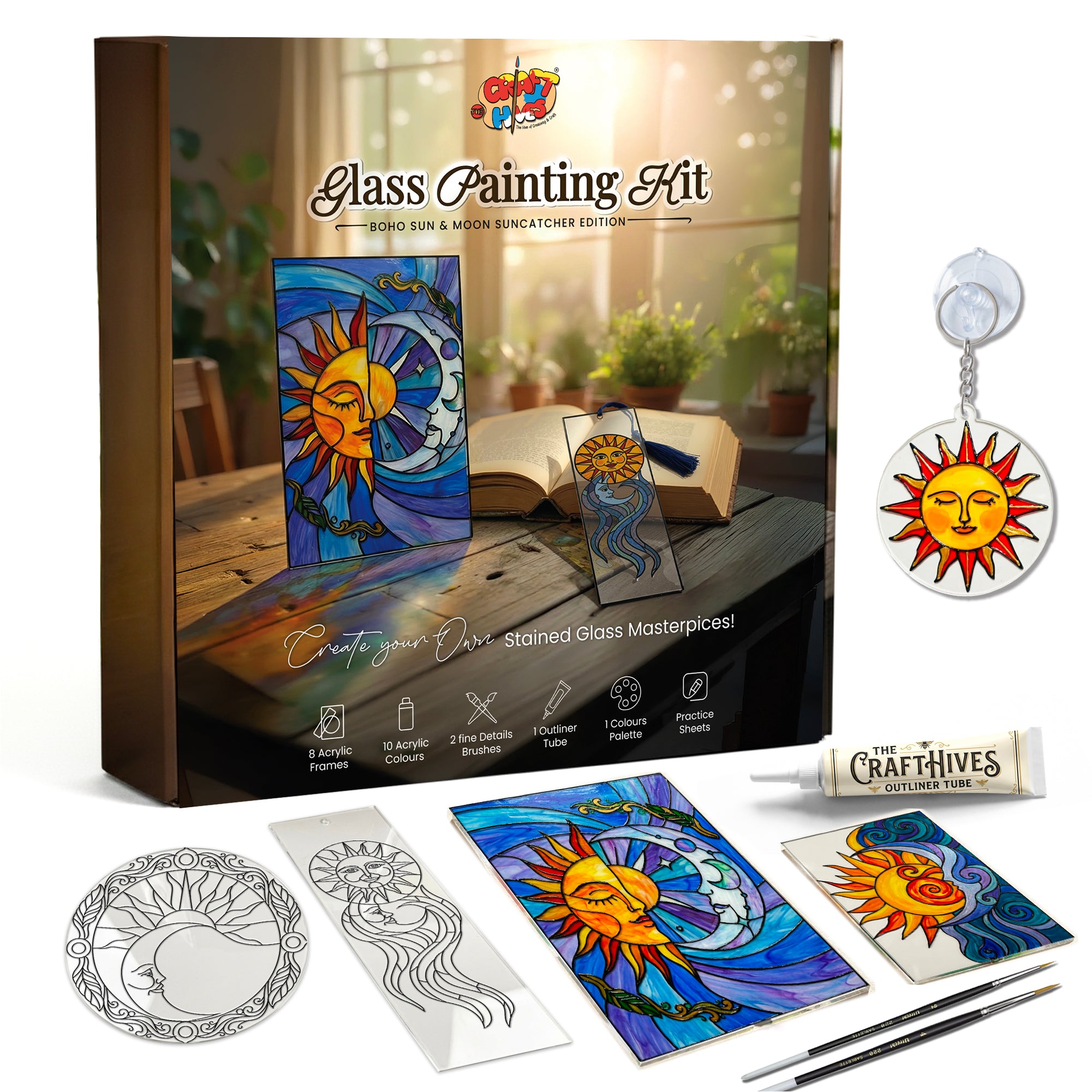 Sun & Moon Glass Painting Kit | Boho Suncatcher DIY Art Set with Acrylic Templates – The Crafthives