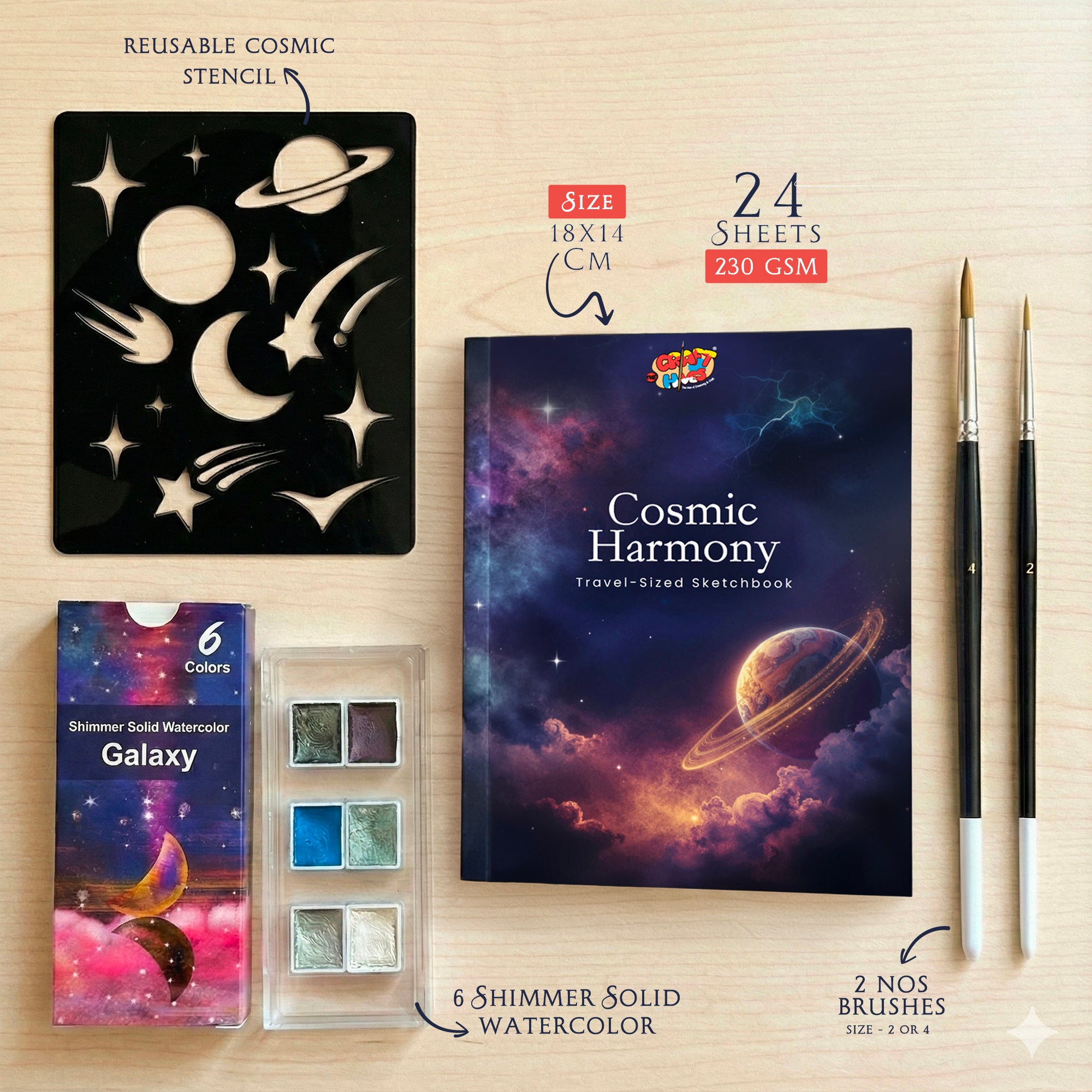 Cosmic Harmony Art Kit | Galaxy Watercolor Painting Set with Stencil - The Crafthives