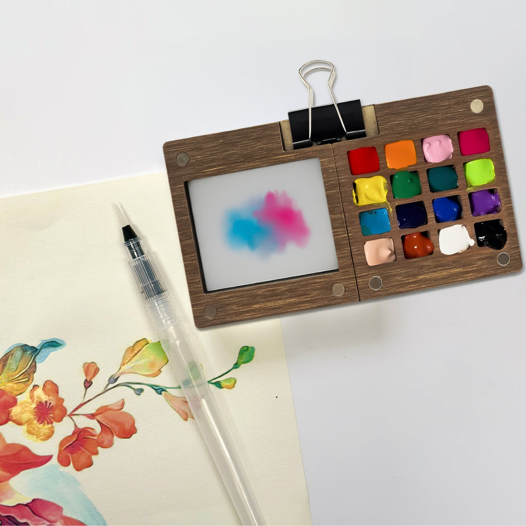 The Crafthives Mini Portable Wooden Travel Art Palette with brush - The Crafthives