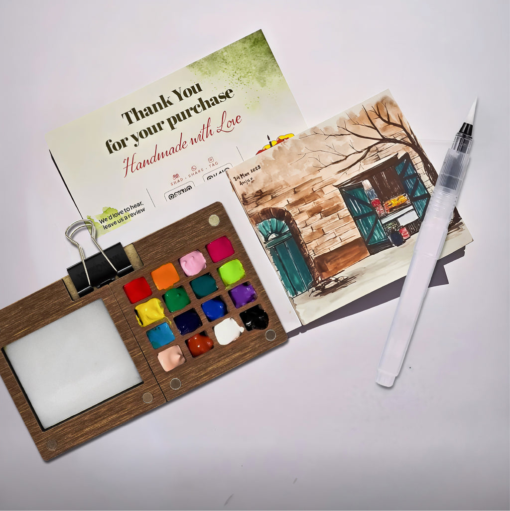 The Crafthives Mini Portable Wooden Travel Art Palette with brush - The Crafthives