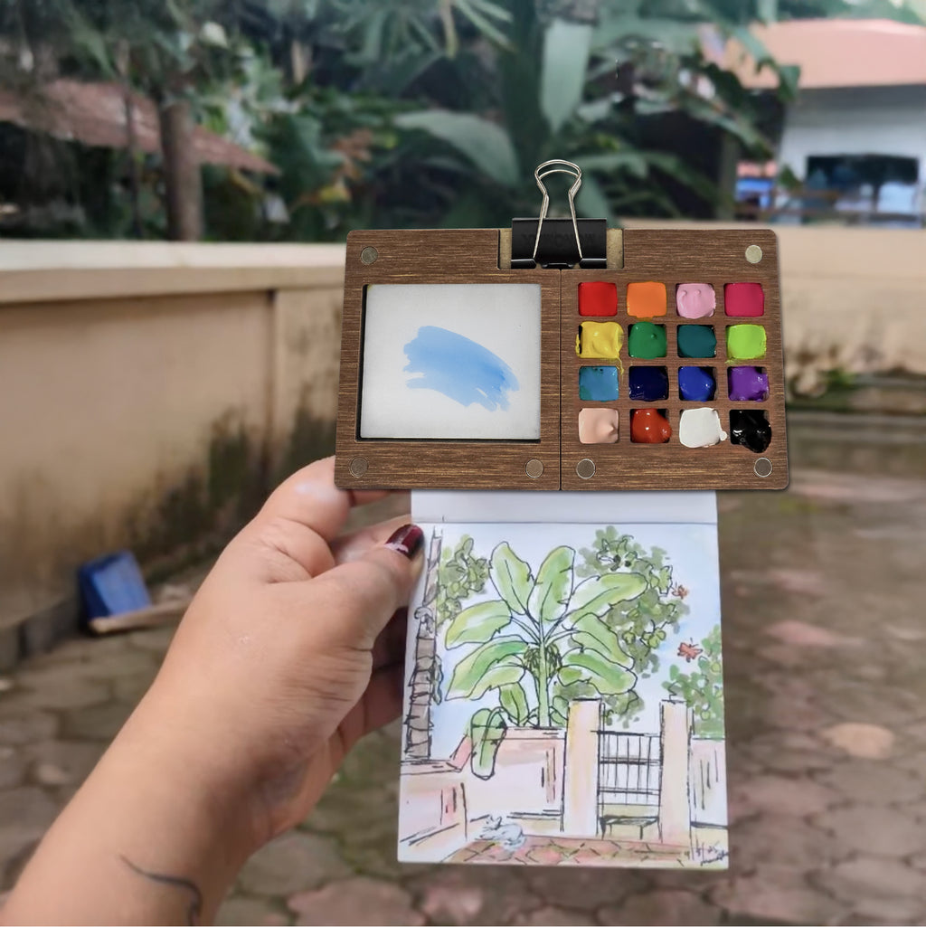The Crafthives Mini Portable Wooden Travel Art Palette with brush - The Crafthives