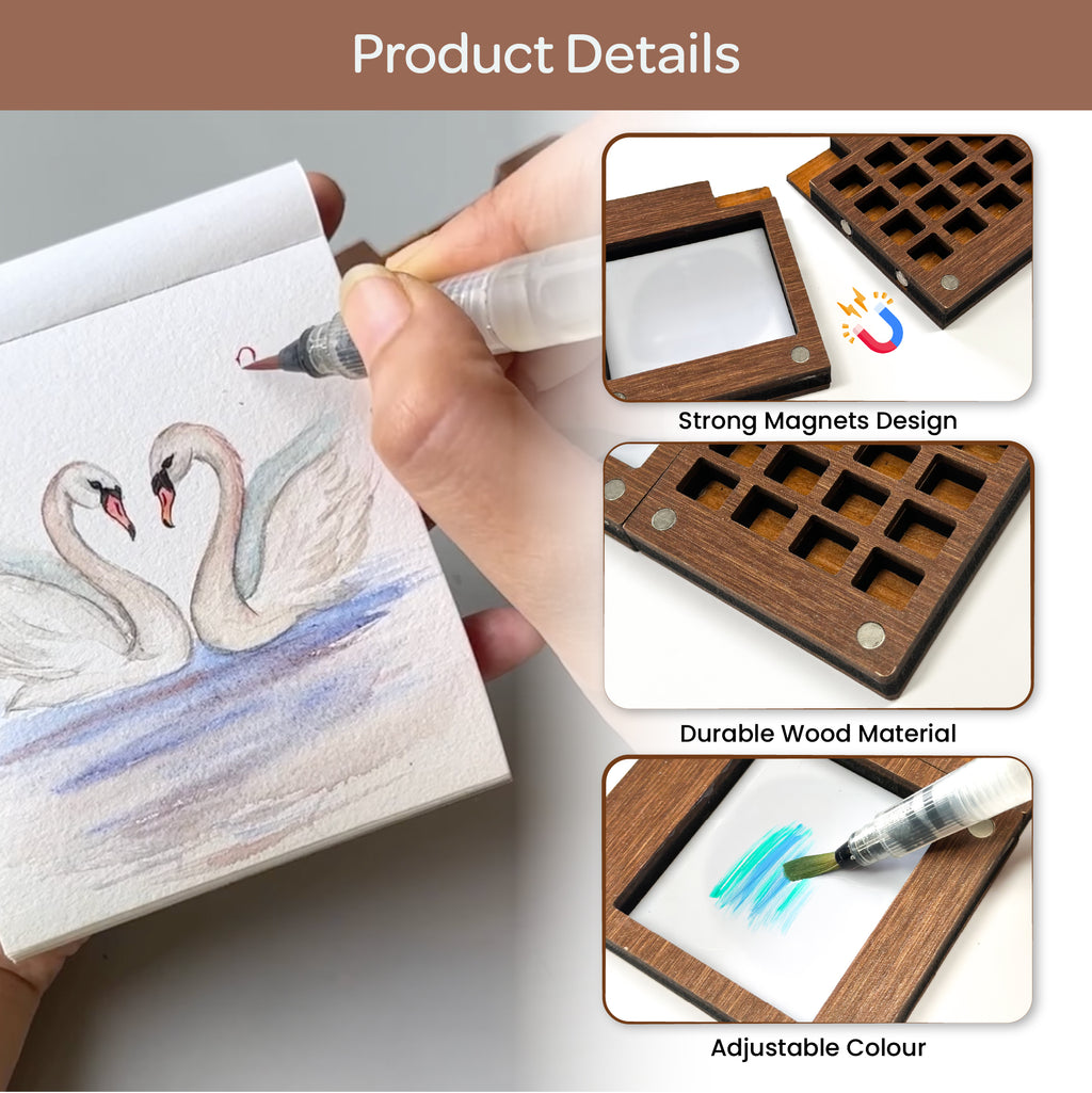The Crafthives Mini Portable Wooden Travel Art Palette with brush - The Crafthives
