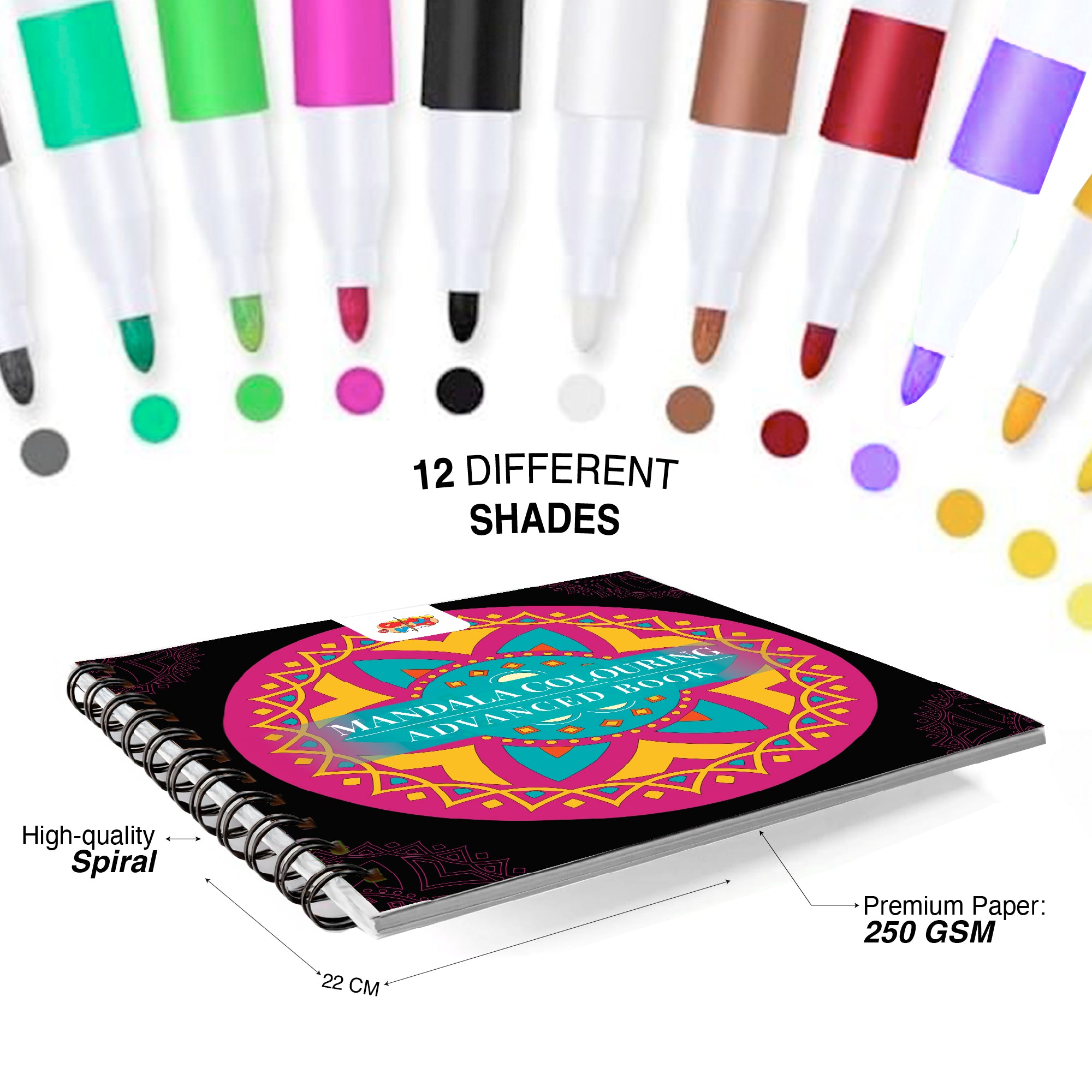 Mandala Coloring Book Advanced with 12 Acrylic Colors – Spiral Bound, 250 GSM Premium Paper (24 Designs) - The Crafthives