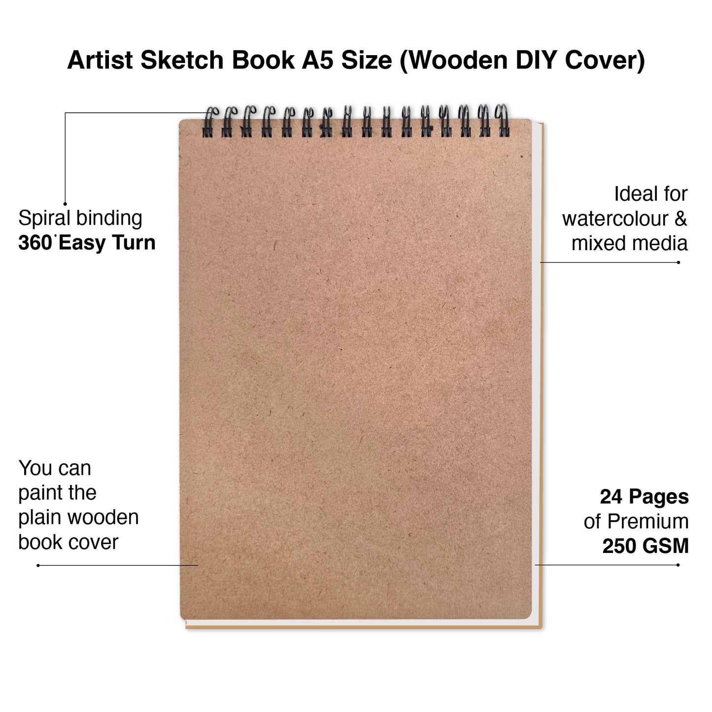 Artist Watercolor Sketch Book – A5 | 230 GSM | Wooden Cover