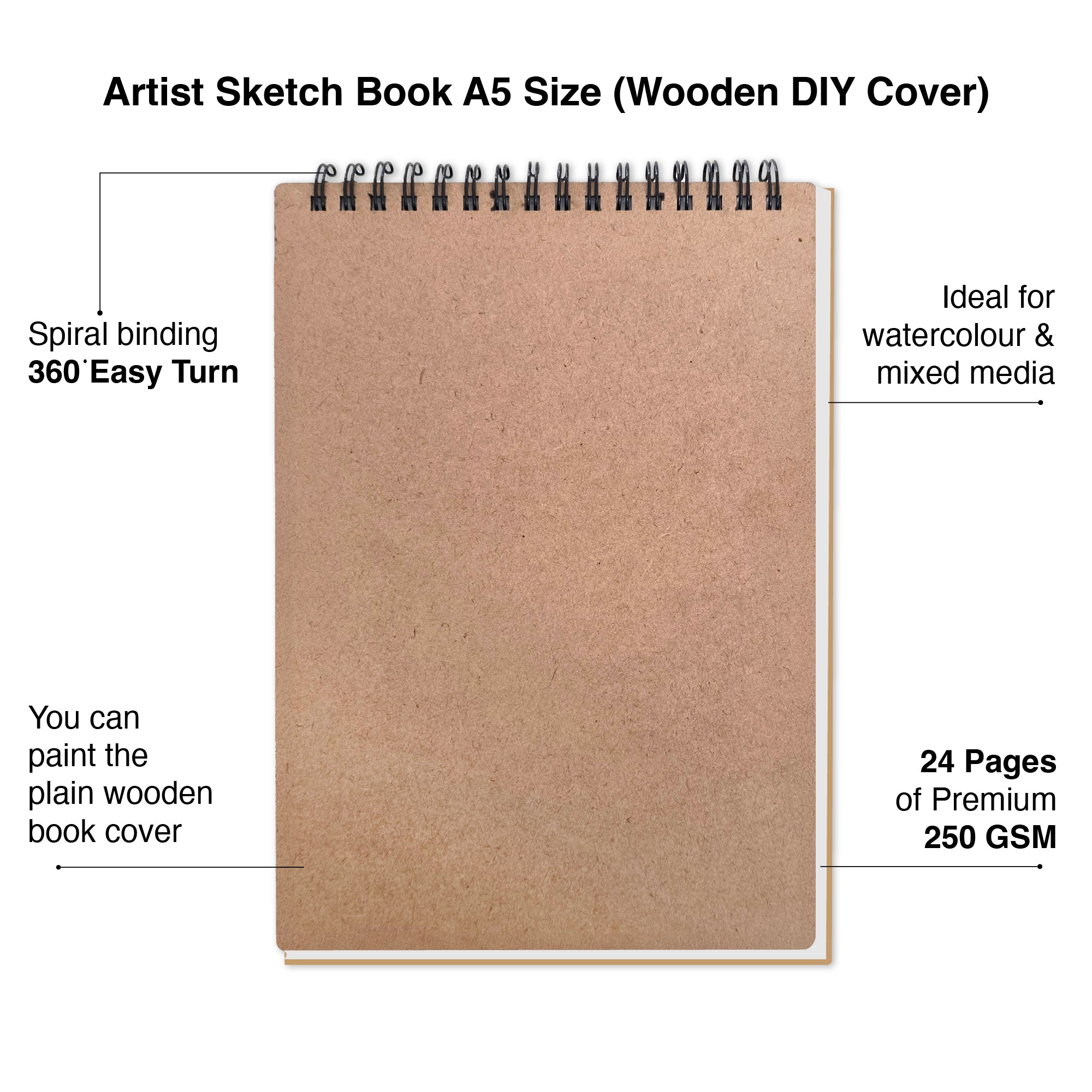 Artist Sketch Book – A5 | 230 GSM | DIY Wooden Cover - The Crafthives