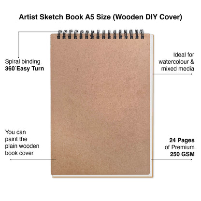 Artist Watercolor Sketch Book – A5 | 230 GSM | Wooden Cover