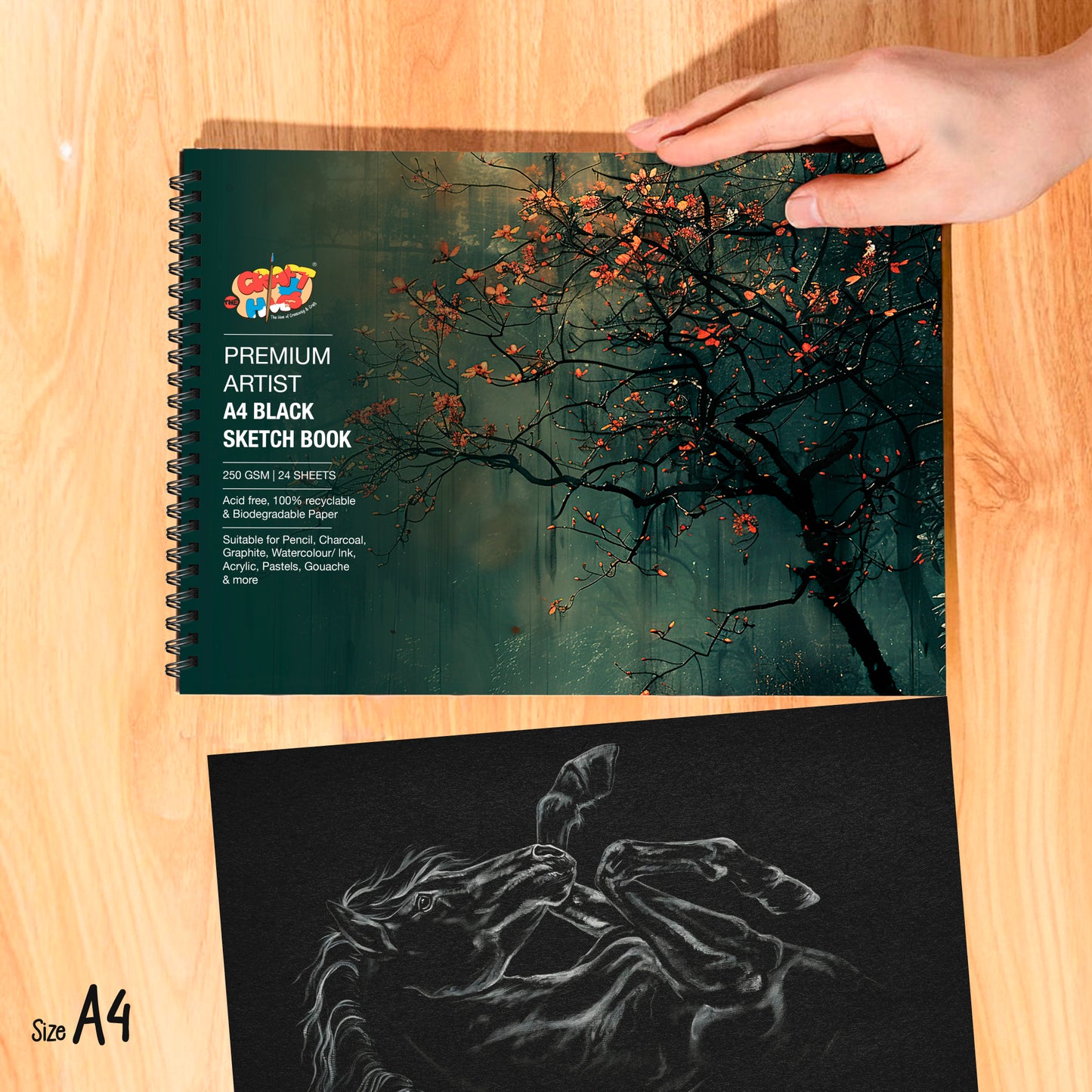 Stretch Book- Wooden Binding A4- Black - Tree