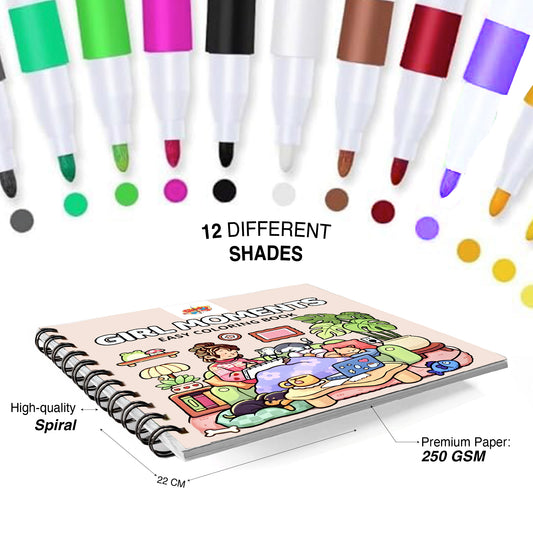 Girls Moment- Easy Coloring Books | 12 Acrylic Markers