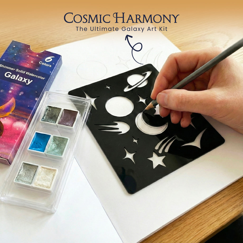 Cosmic Harmony Art Kit | Galaxy Watercolor Painting Set with Stencil - The Crafthives