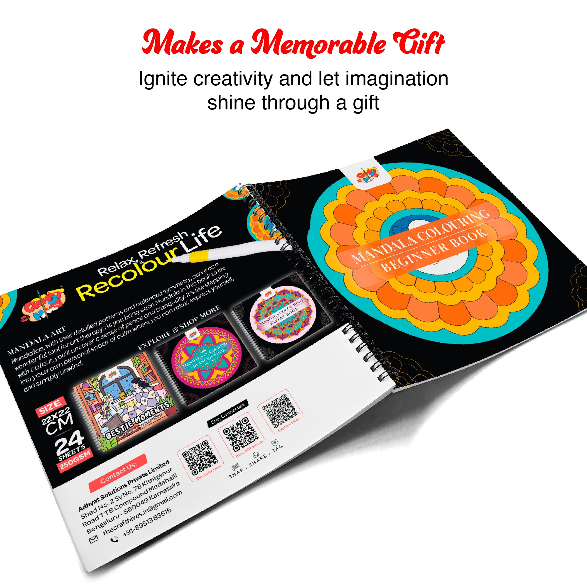 Mandala Colouring Beginner Book with 12 Acrylic Markers – 250 GSM Acid-Free Spiral Bound - The Crafthives