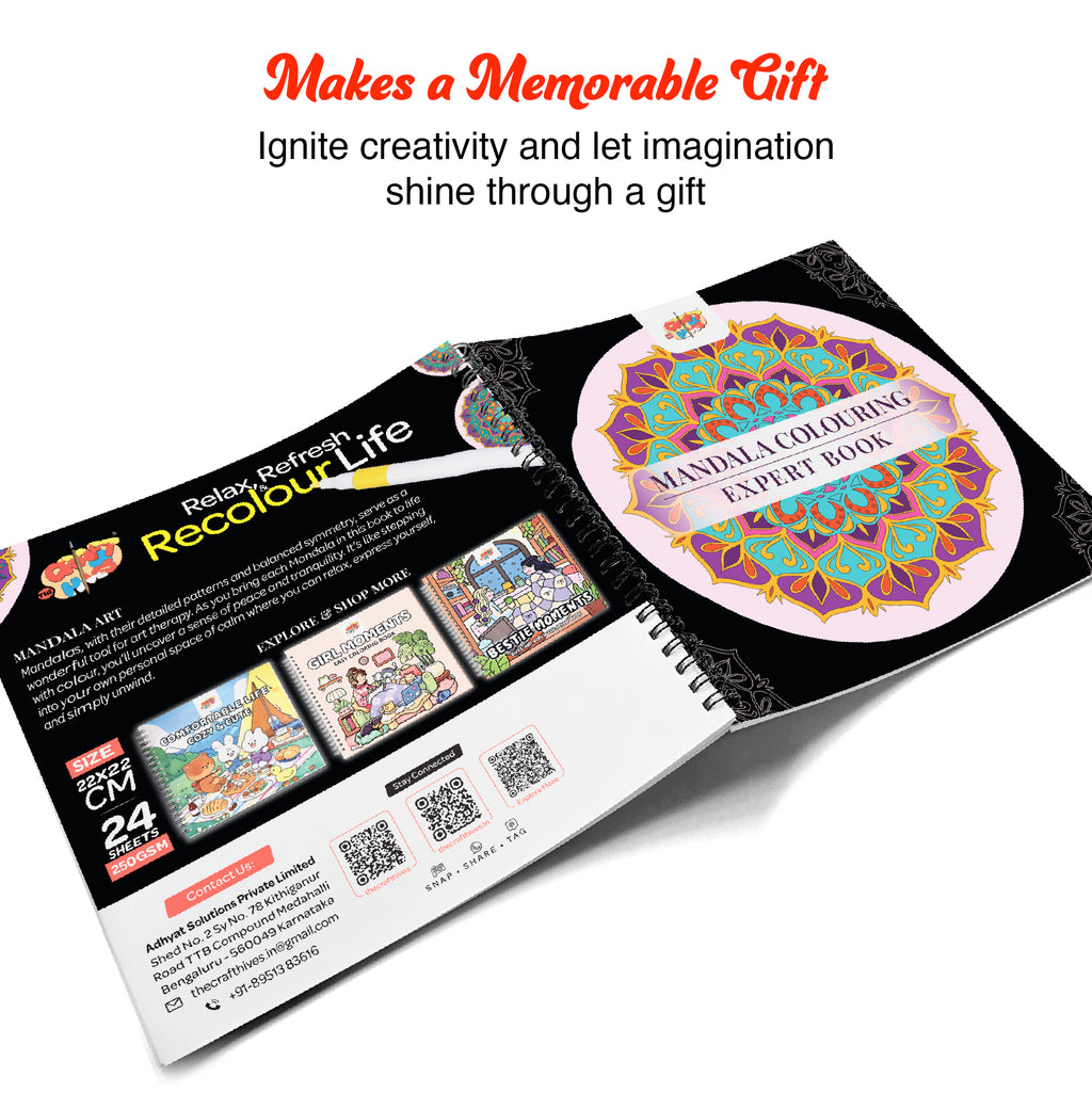 Mandala Colouring Expert Book – 24 Designs with 12 Acrylic Markers | 250 GSM Premium Spiral-Bound Pad - The Crafthives