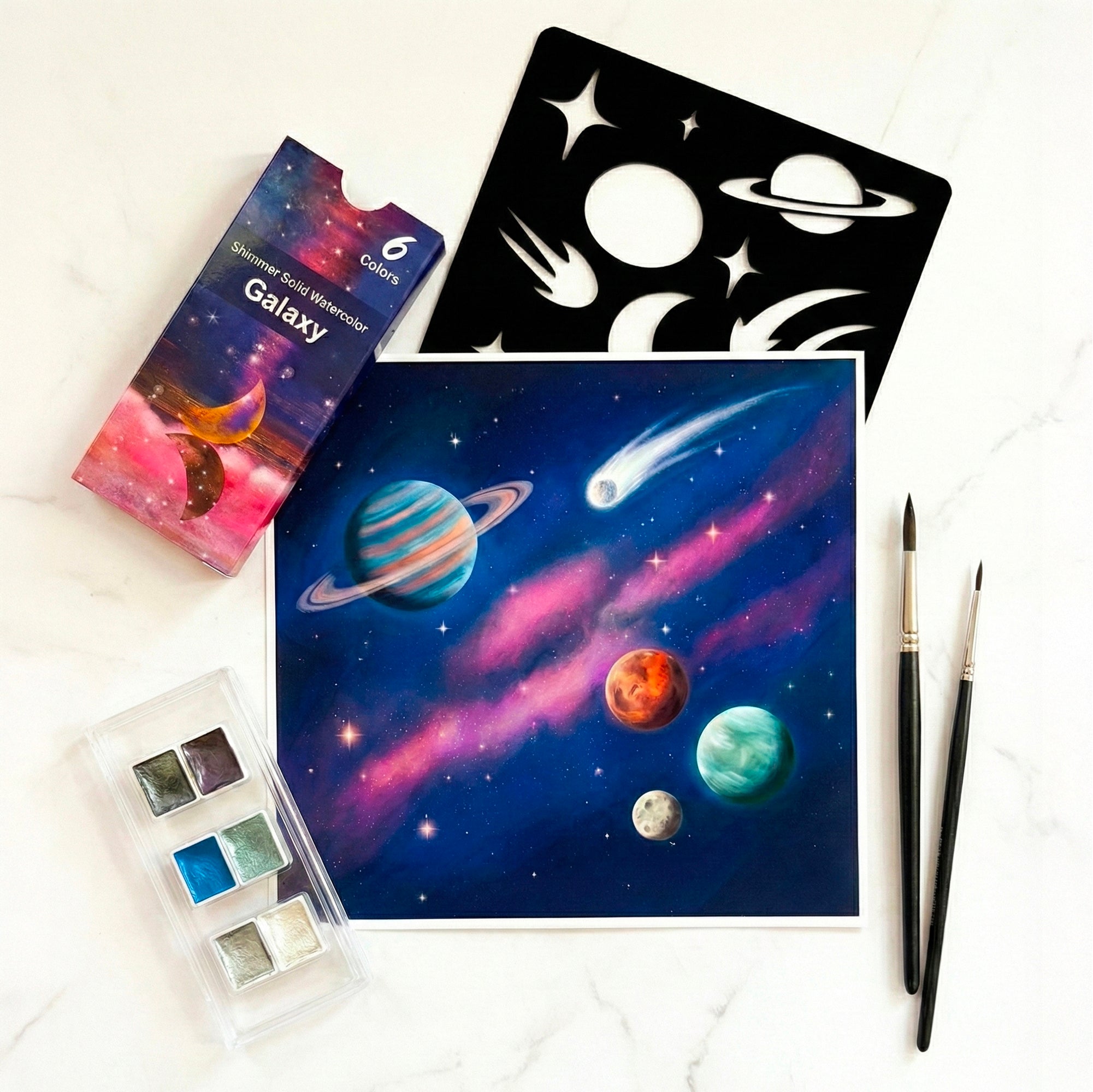 Cosmic Harmony Art Kit | Galaxy Watercolor Painting Set with Stencil - The Crafthives