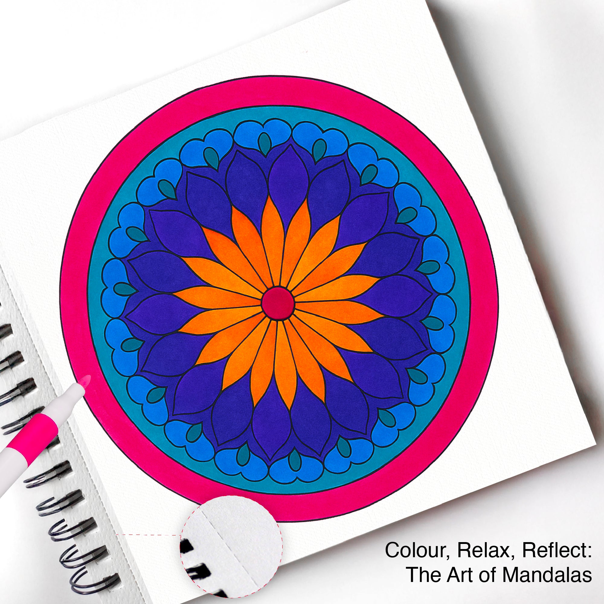 Mandala Colouring Beginner Book with 12 Acrylic Markers – 250 GSM Acid-Free Spiral Bound - The Crafthives