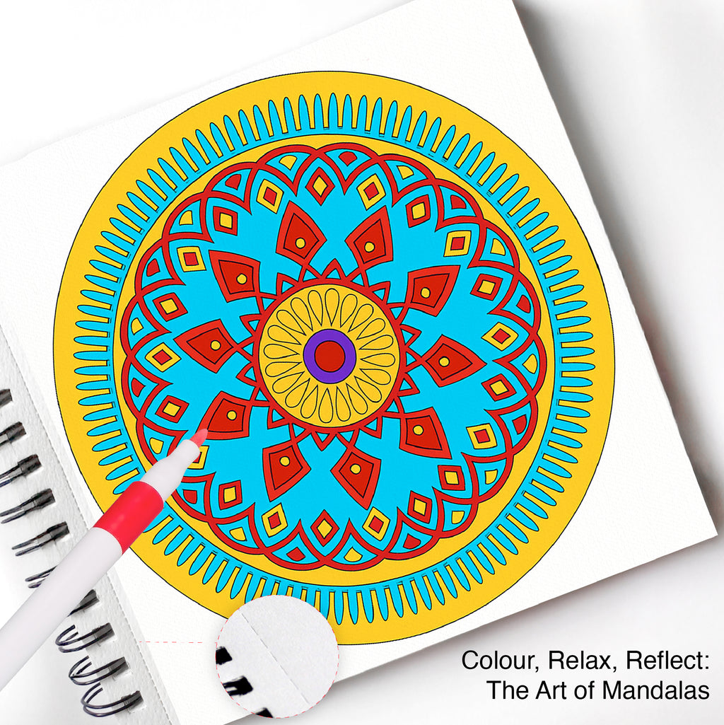 Mandala Colouring Expert Book – 24 Designs with 12 Acrylic Markers | 250 GSM Premium Spiral-Bound Pad - The Crafthives