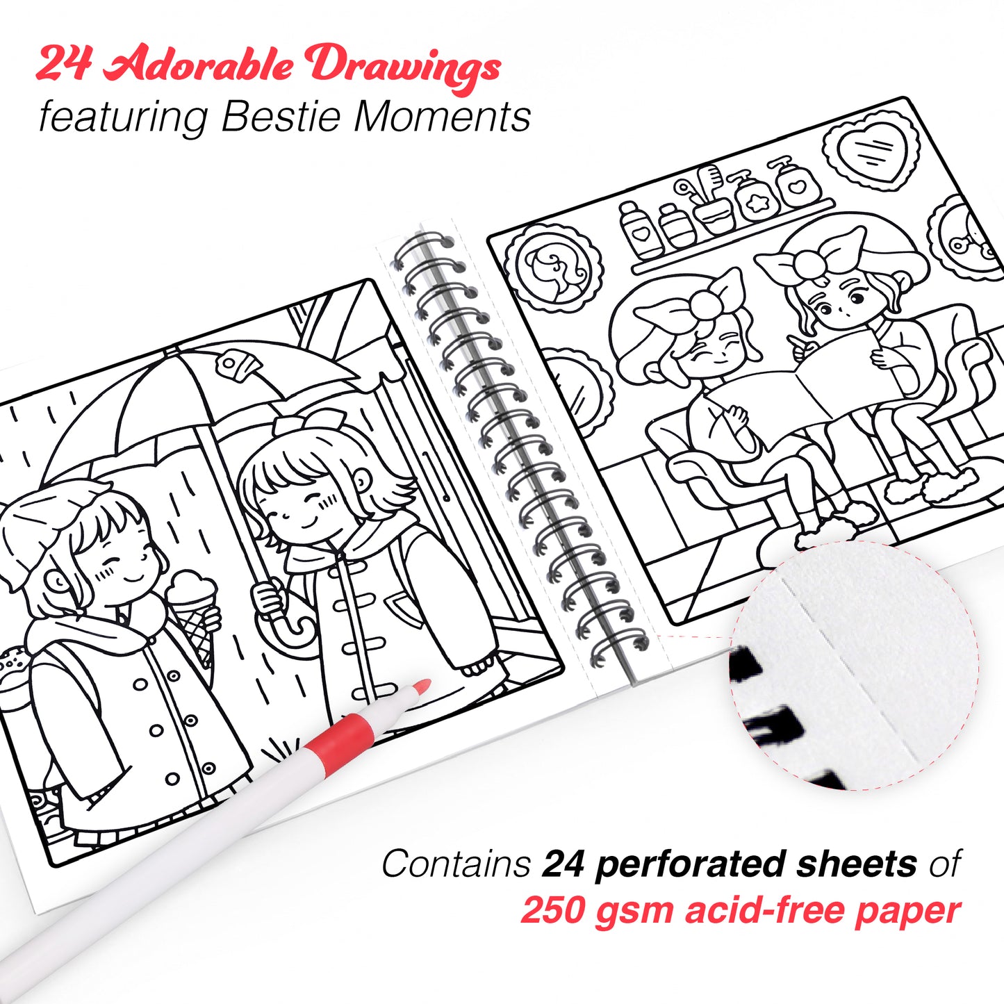 Bestie Moments – Cute & Girly Coloring Book | 12 Acrylic Marker