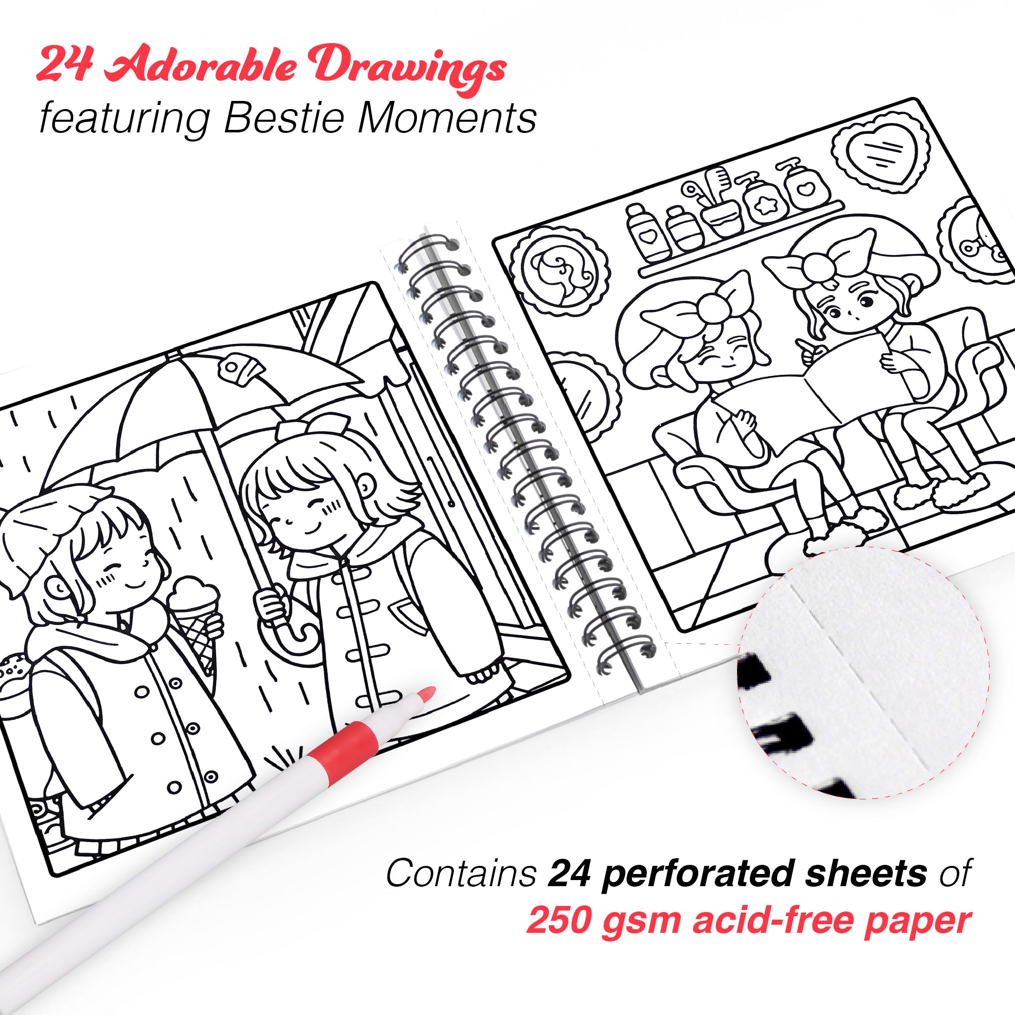 Bestie Moments – Cute & Girly Coloring Book | 12 Acrylic Marker - The Crafthives