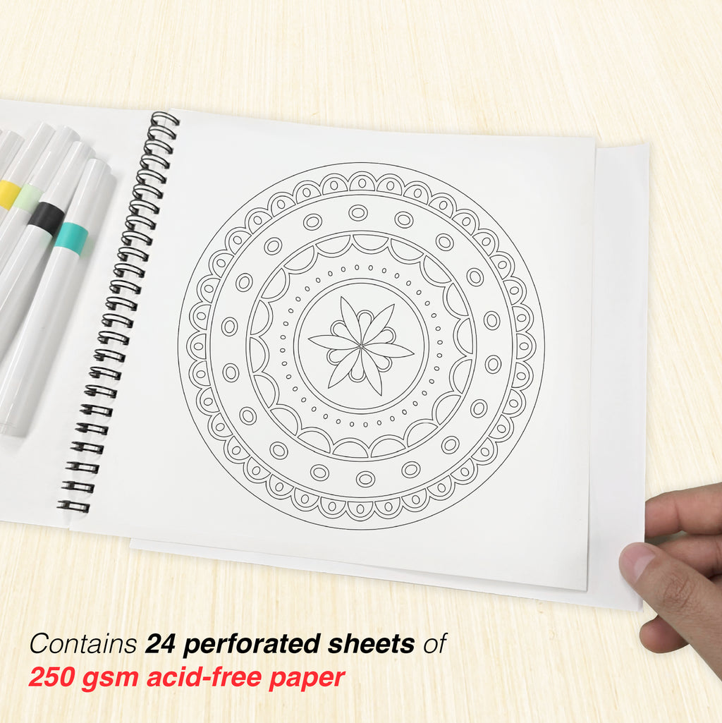 Mandala Coloring Book Advanced with 12 Acrylic Colors – Spiral Bound, 250 GSM Premium Paper (24 Designs) - The Crafthives