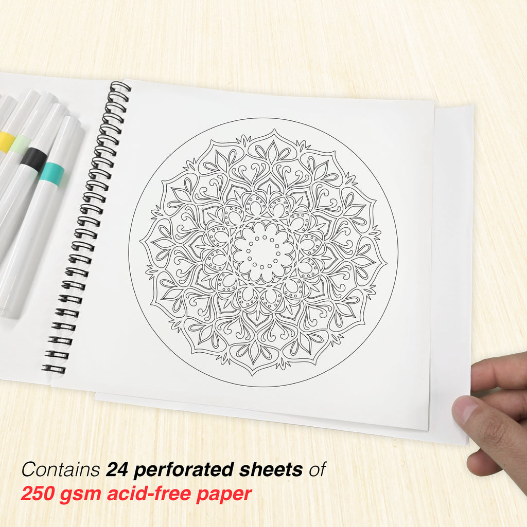 Mandala Colouring Expert Book – 24 Designs with 12 Acrylic Markers | 250 GSM Premium Spiral-Bound Pad - The Crafthives