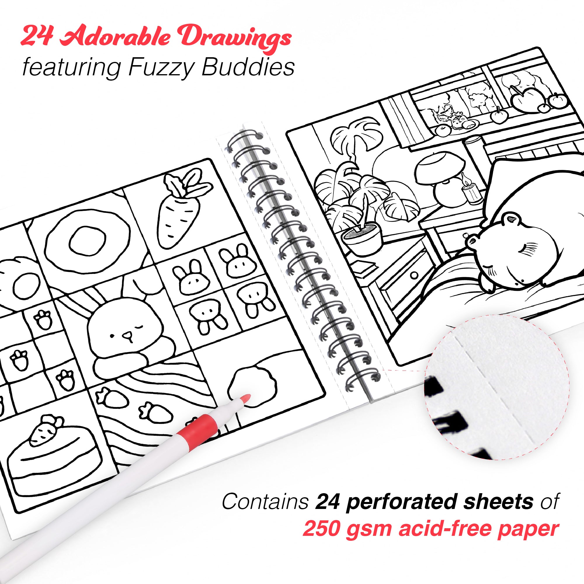 My Fuzzy Buddies- Comfy & Adorable Coloring Books | 12 Acrylic Markers